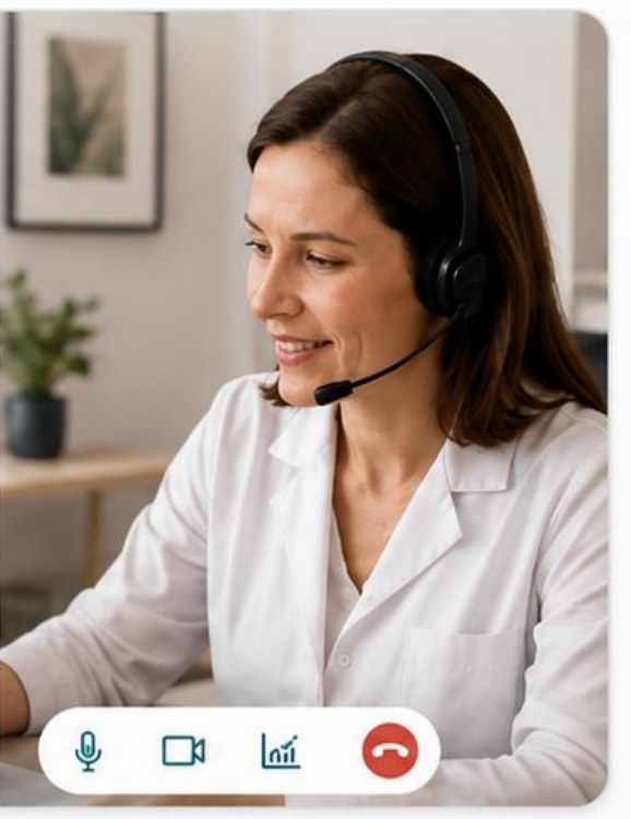 An audiologist in a white coat and headset supervises the exam over video.