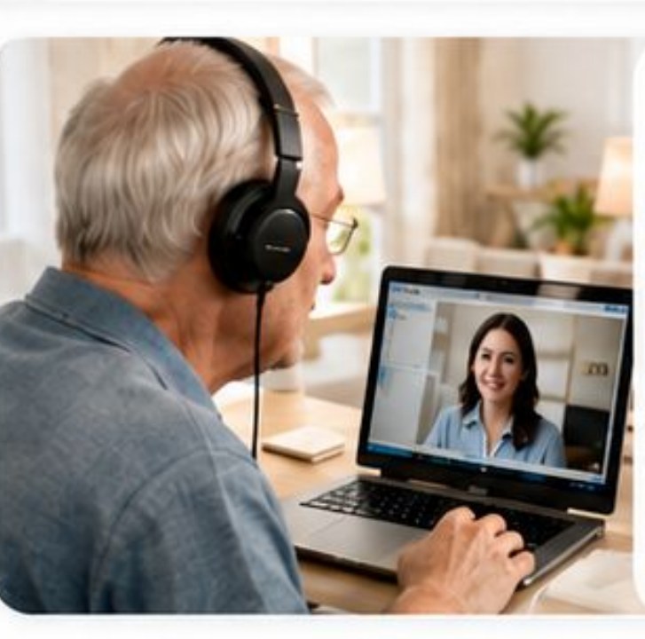 A patient wearing headphones takes a hearing test at a laptop while the audiologist appears on screen.