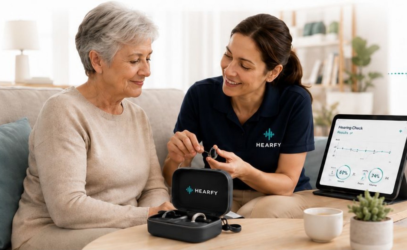 A Certified Medical Assistant sits beside a patient at home, showing her a hearing aid, with the exam kit and a tablet on the table.